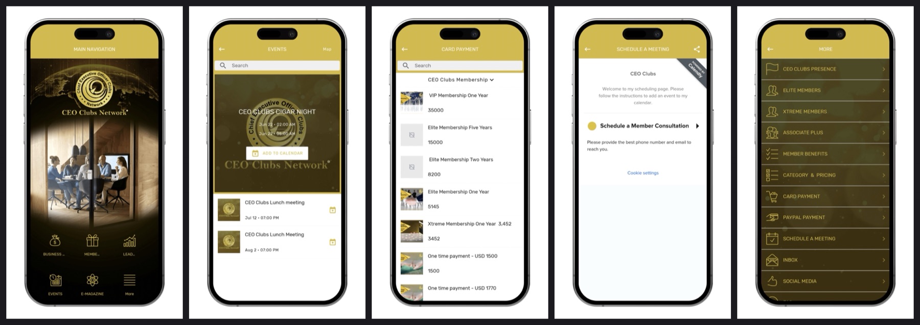 Five screenshots of the current CEO Clubs app from the App Store: home tiles, events, membership pricing, meeting booking and the More menu