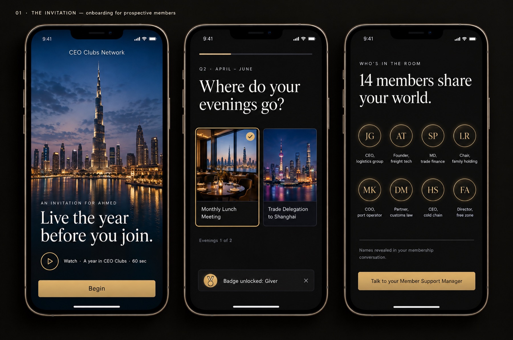 Concept screens: a personal invitation with a film, a quarter planner with a badge, and an anonymised view of members who share the prospect's world