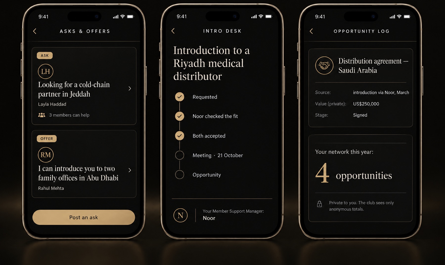 Concept screens: Asks and Offers feed, an introduction tracker, and a private opportunity log