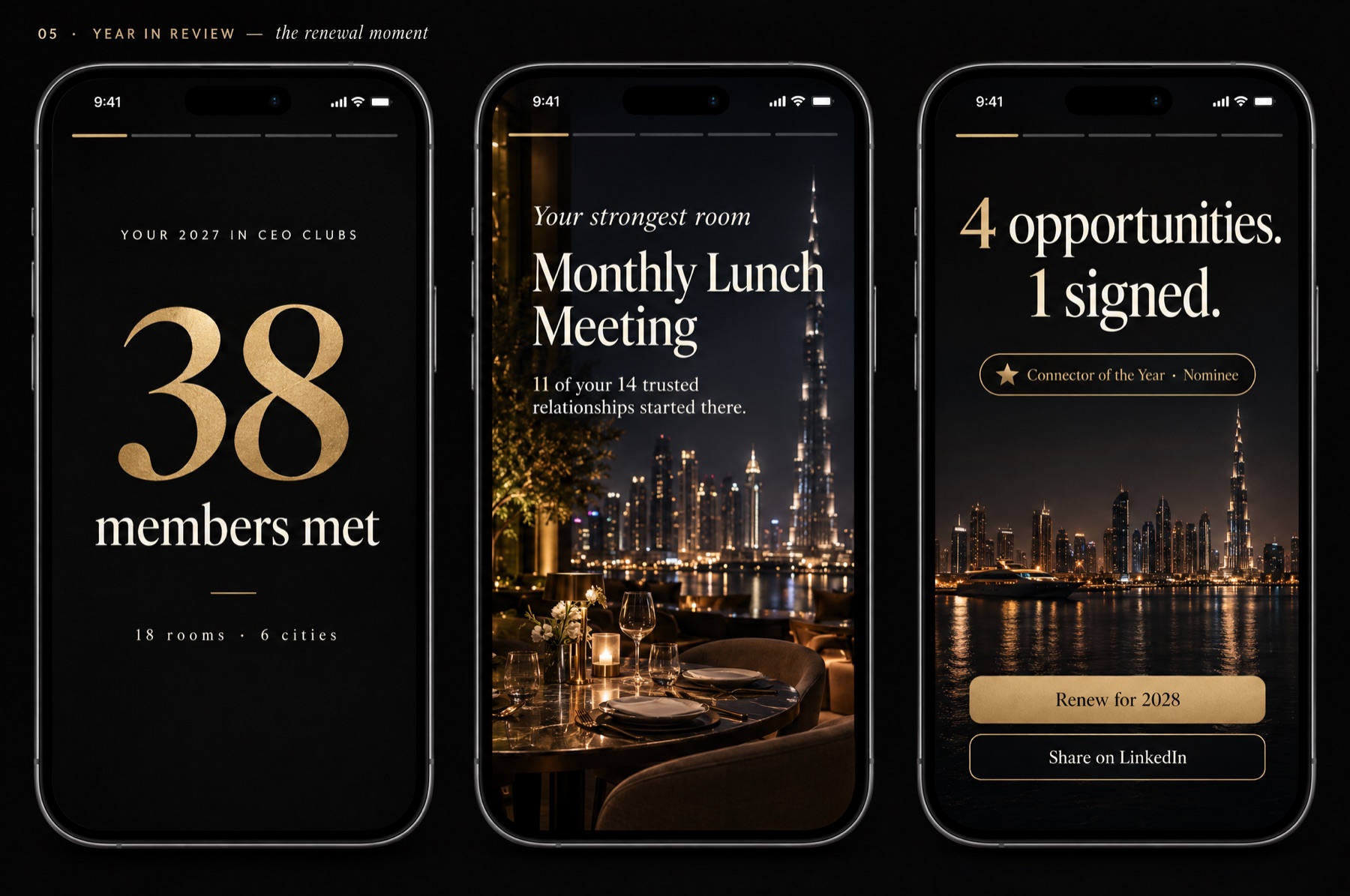 Concept story slides: 38 members met, the strongest room, and four opportunities with a renew button